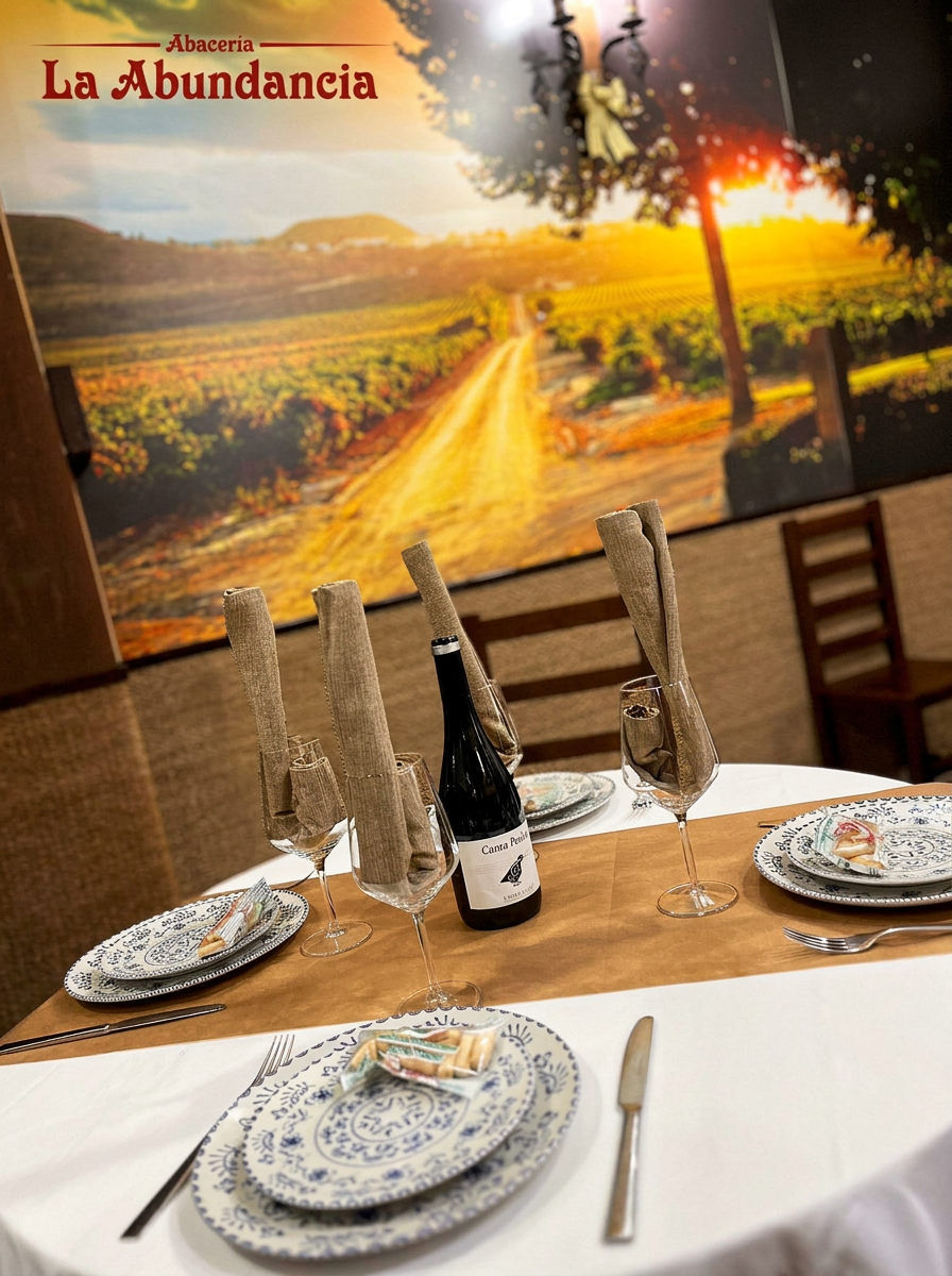 Mesa preparada con vino y vajilla