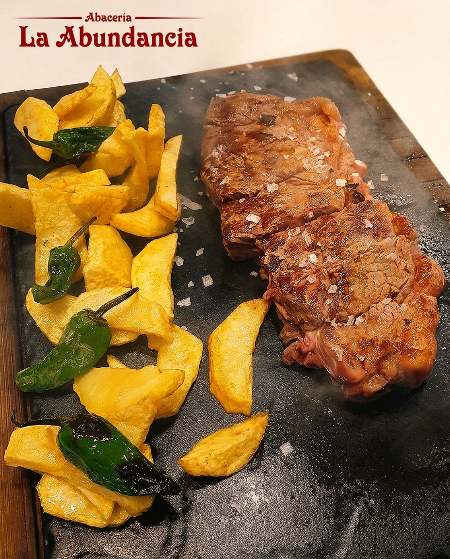 Carne a la piedra con patatas y pimientos