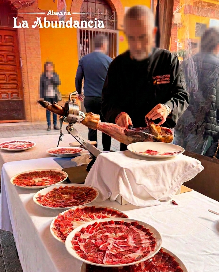 Maestro cortador preparando platos de jamón ibérico
