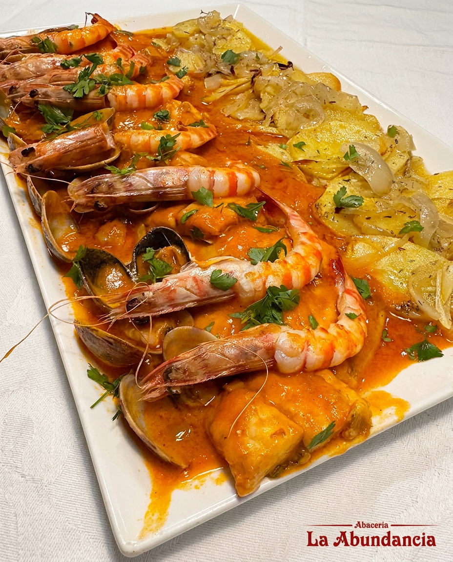 Gambas, coquinas y pescado en salsa con patatas panadera
