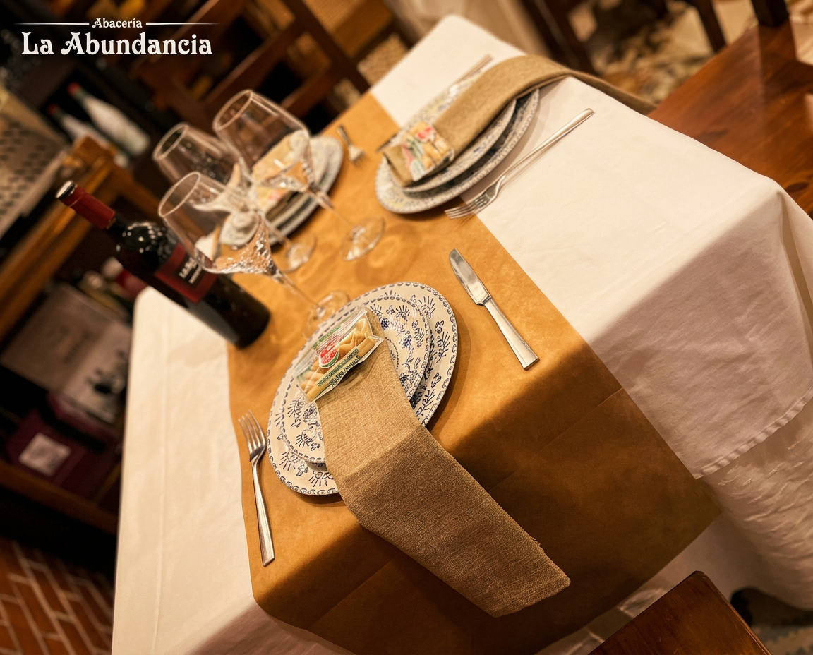 Mesa preparada con vino y loza pintada a mano