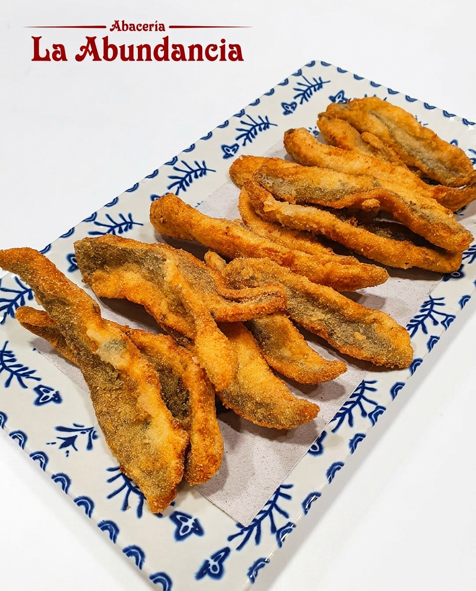 Pescaíto frito crujiente en plato de loza azul