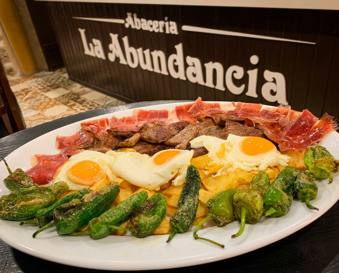 Plato de jamón, carne, huevos fritos y pimientos de padrón