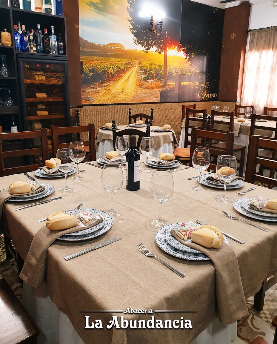 Sala del restaurante con mural de viñedo